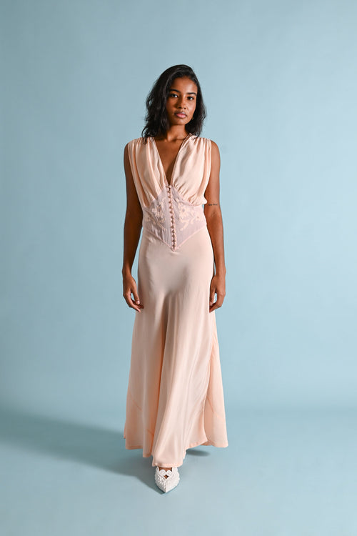 1930s Pink Silk Crepe Appliqué Gown [med/lrg]