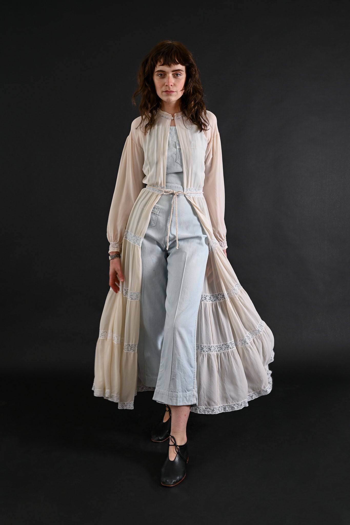1930s Ivory Silk Chiffon Tiered Peignoir [xs/sm]
