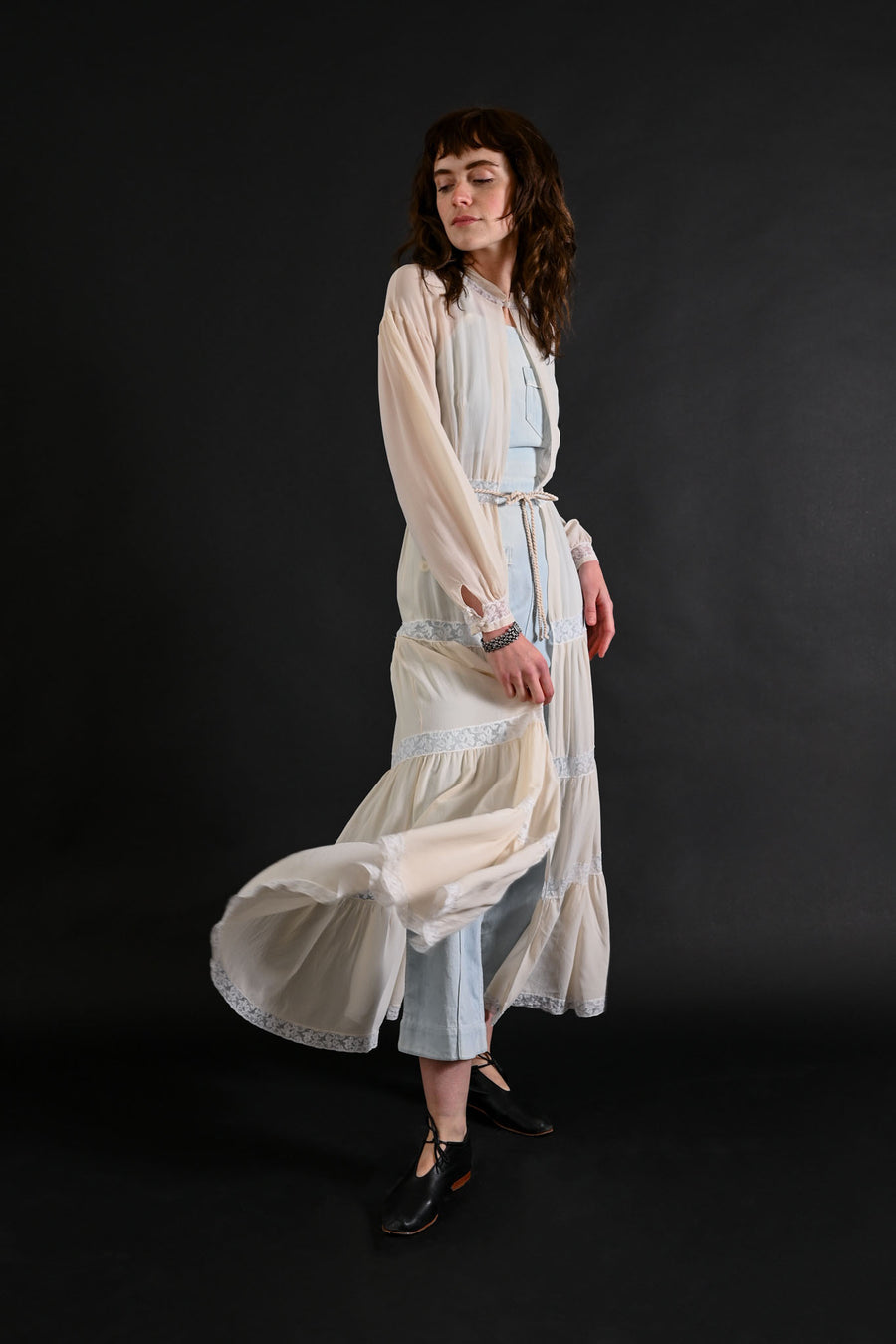 1930s Ivory Silk Chiffon Tiered Peignoir [xs/sm]