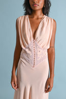 1930s Pink Silk Crepe Appliqué Gown [med/lrg]