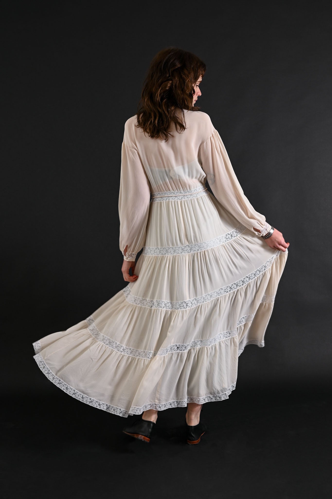 1930s Ivory Silk Chiffon Tiered Peignoir [xs/sm]