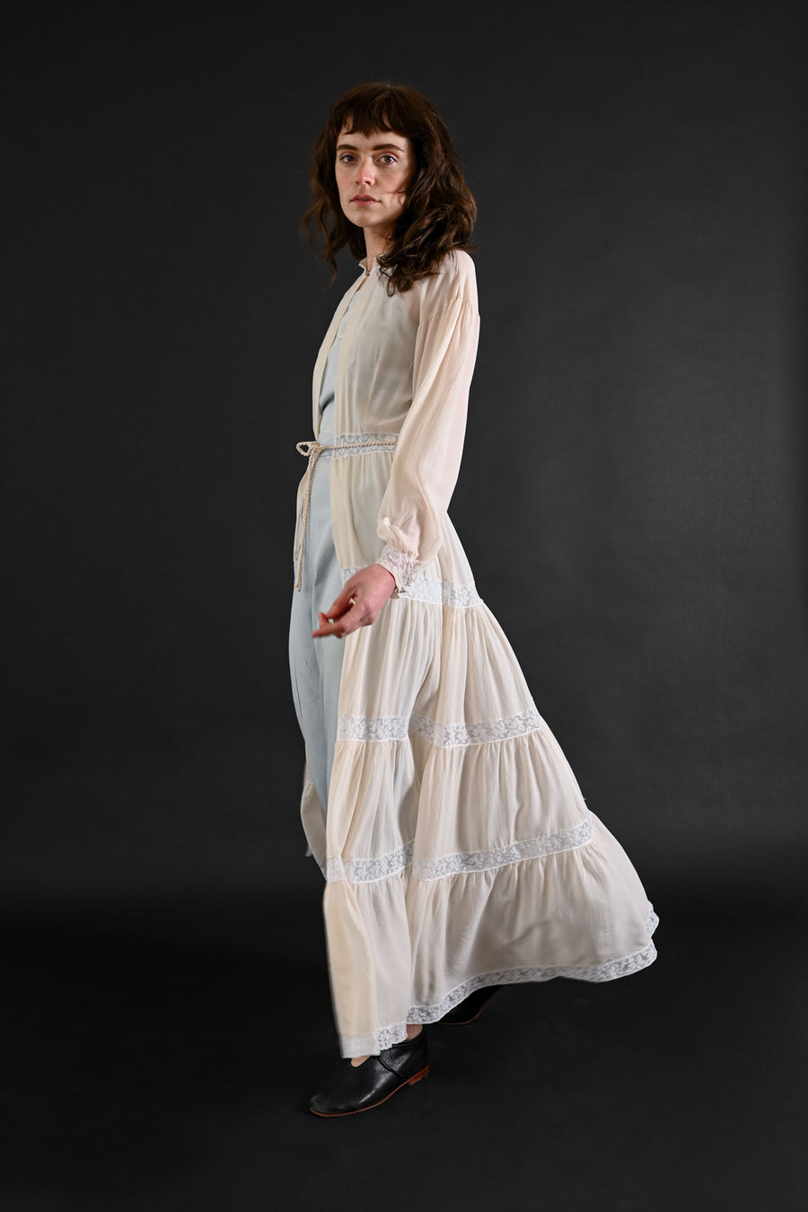 1930s Ivory Silk Chiffon Tiered Peignoir [xs/sm]