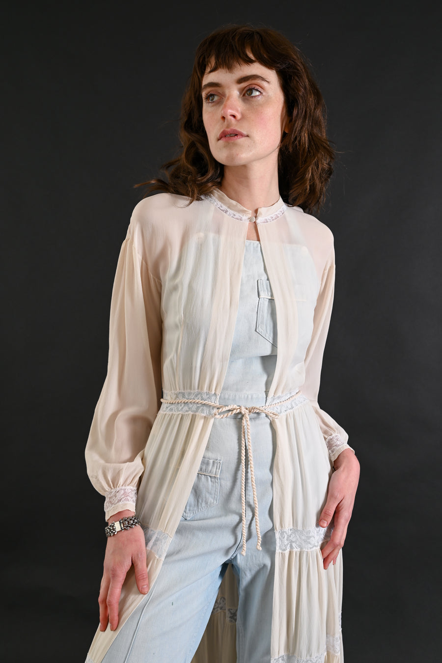1930s Ivory Silk Chiffon Tiered Peignoir [xs/sm]