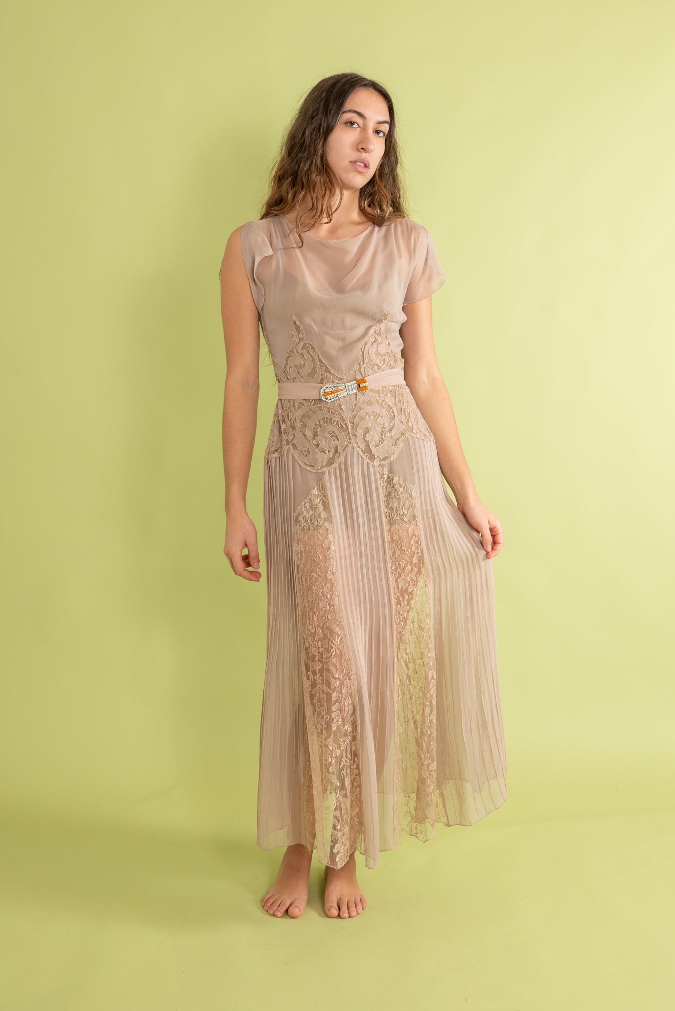 1930s Mauve Silk and Lace Deco Appliqué Gown [xs/sm/med]