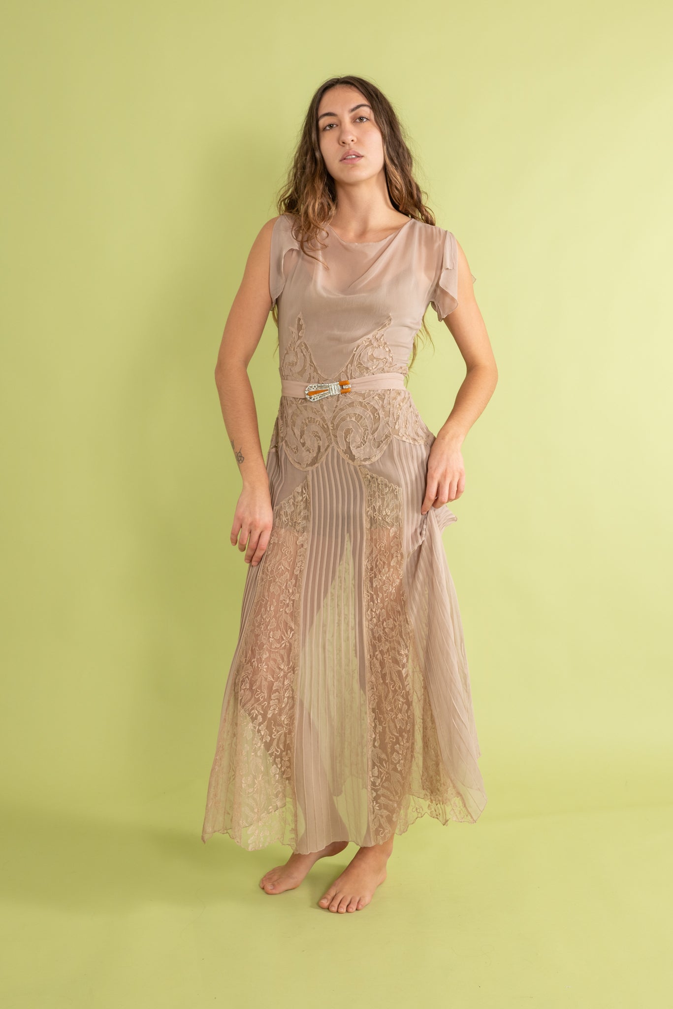 1930s Mauve Silk and Lace Deco Appliqué Gown [xs/sm/med]