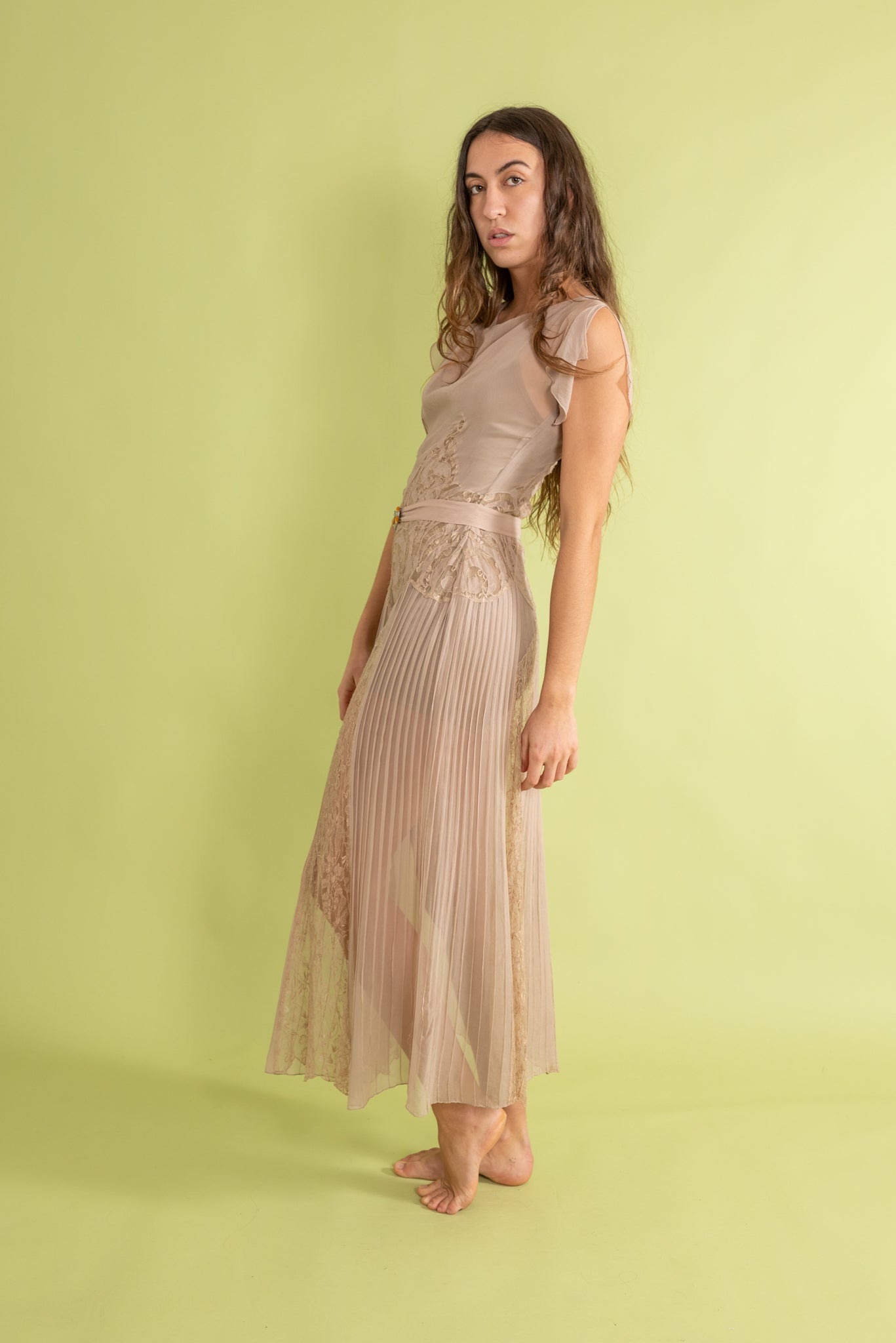 1930s Mauve Silk and Lace Deco Appliqué Gown [xs/sm/med]