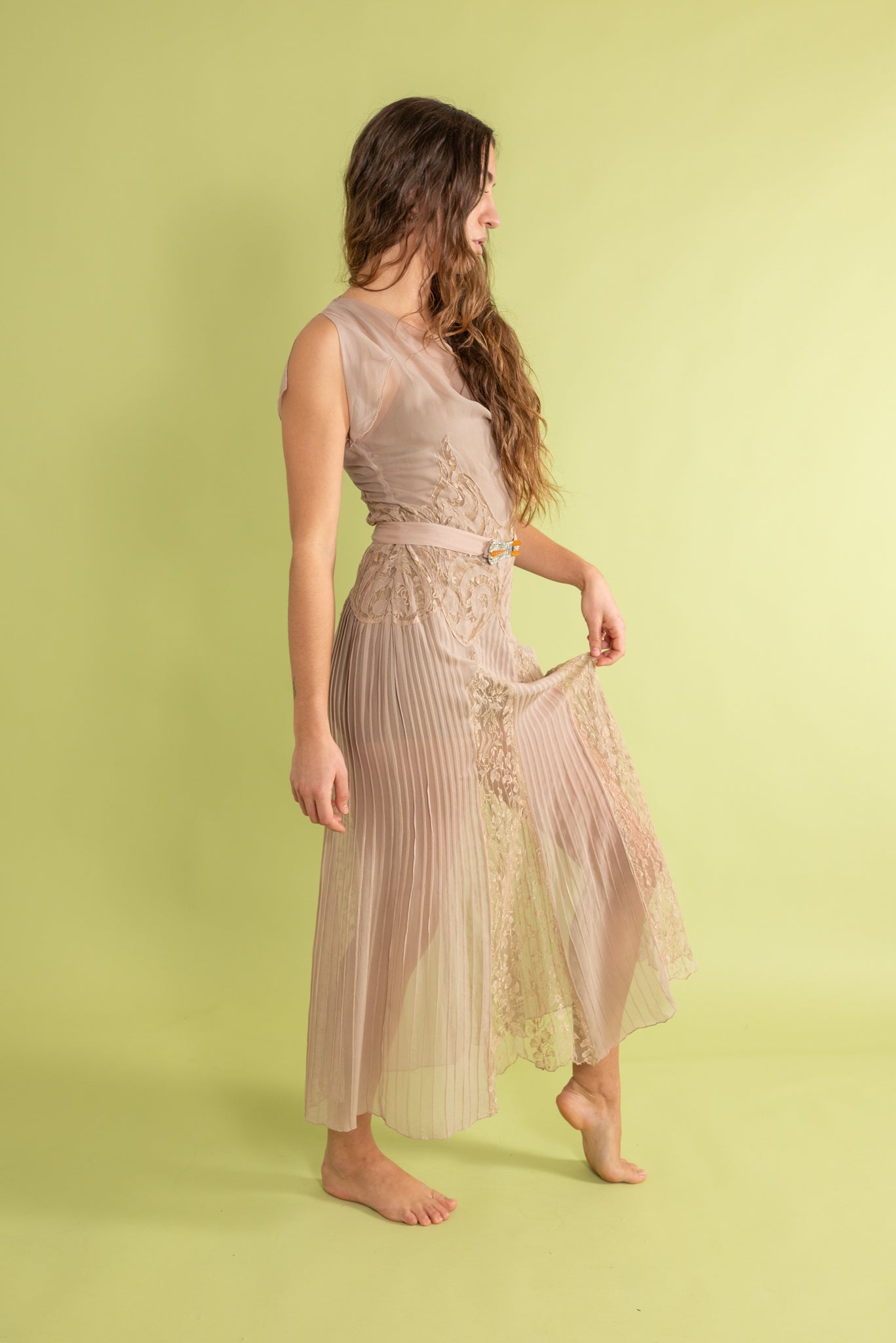 1930s Mauve Silk and Lace Deco Appliqué Gown [xs/sm/med]