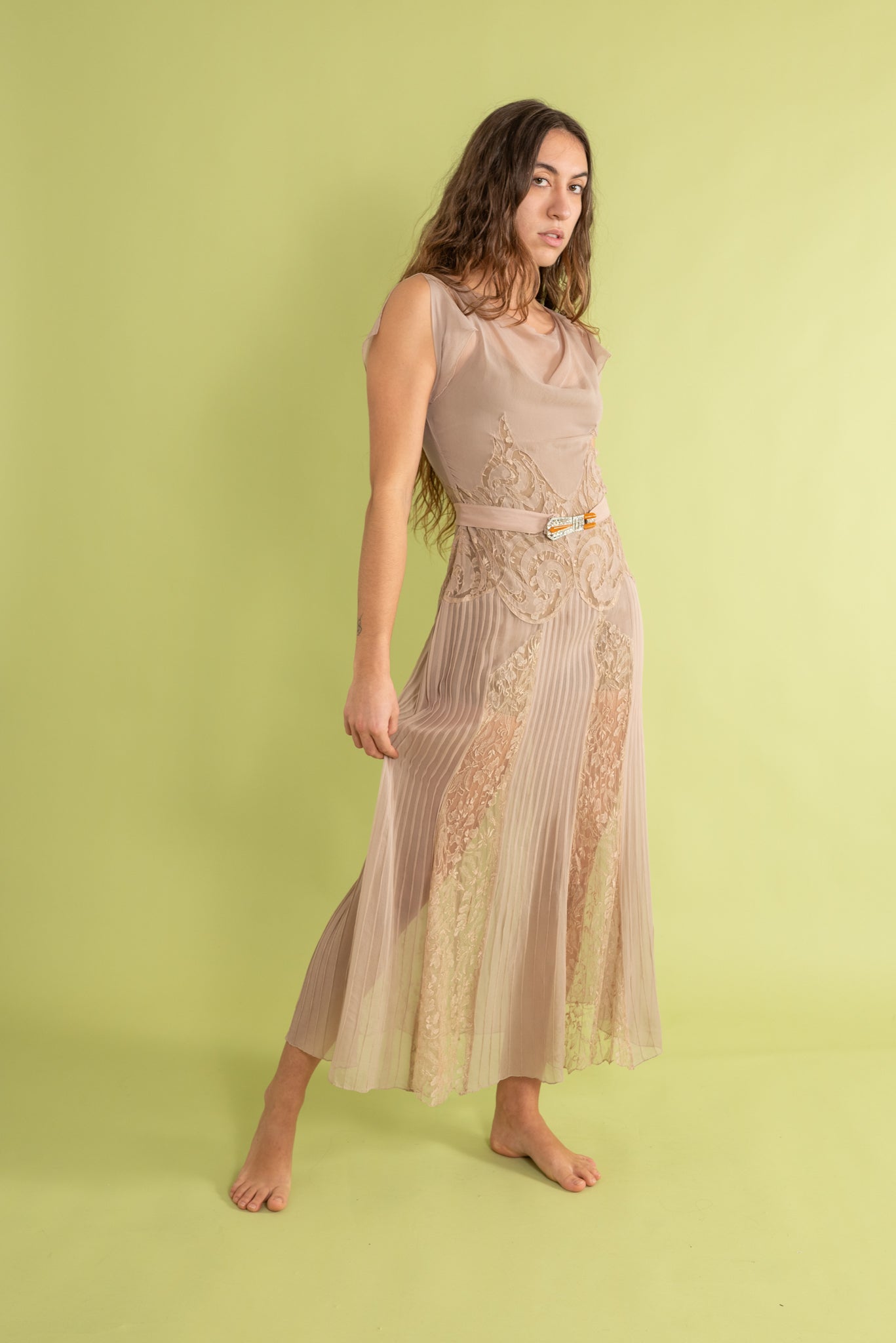 1930s Mauve Silk and Lace Deco Appliqué Gown [xs/sm/med]