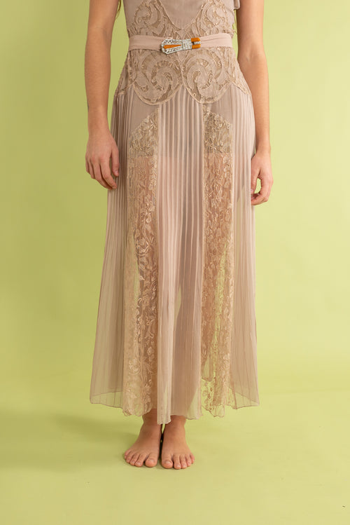 1930s Mauve Silk and Lace Deco Appliqué Gown [xs/sm/med]