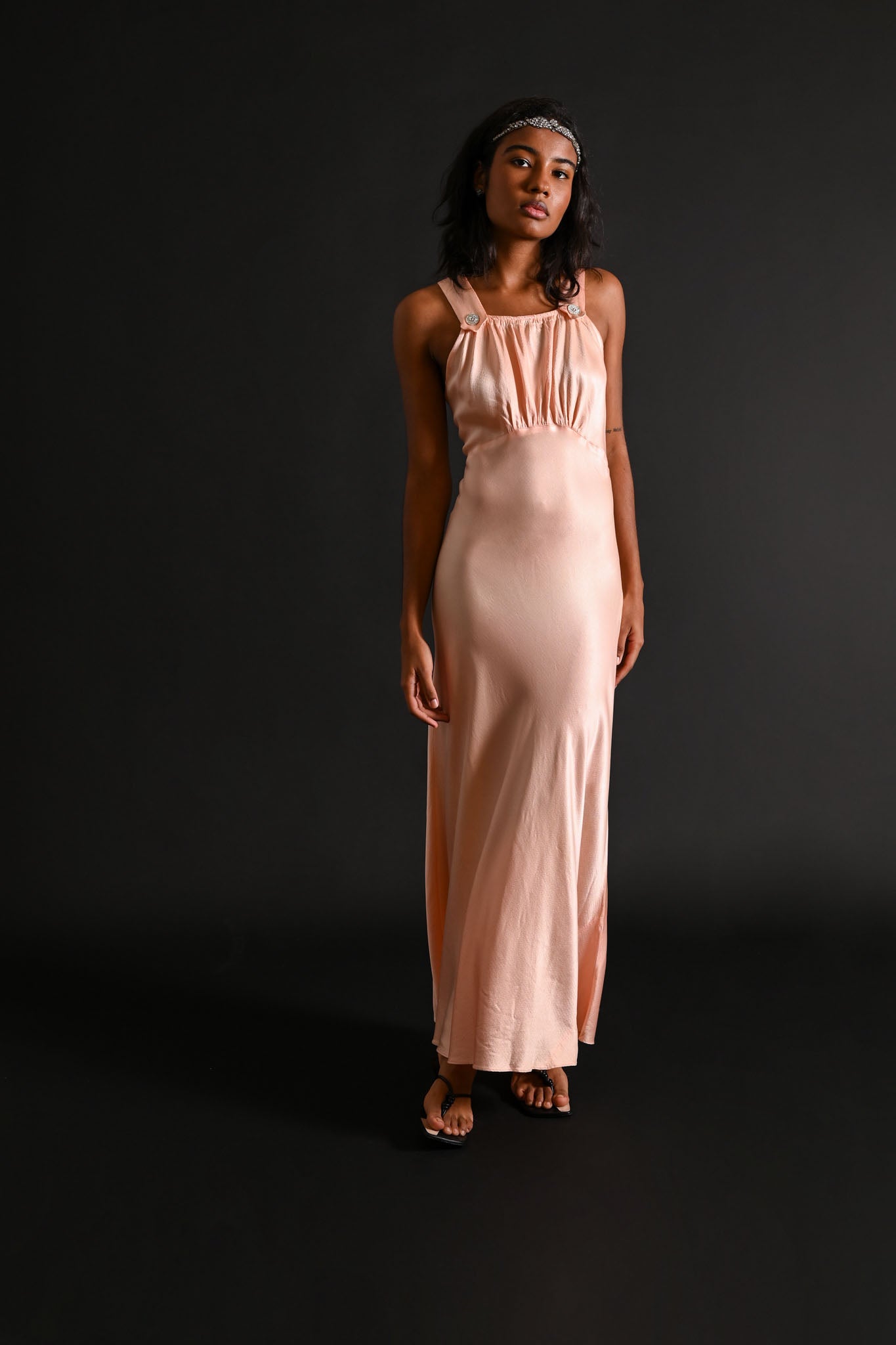 1930s Pink Hammered Silk Satin Deco Gown [xs/sm]