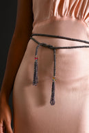 1920s Iridescent Green Beaded Tassel Belt