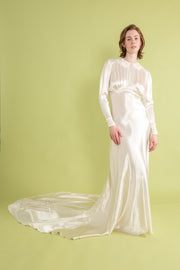 1930s Silk Bridal Gown with French Lace Collar [xs/sm]