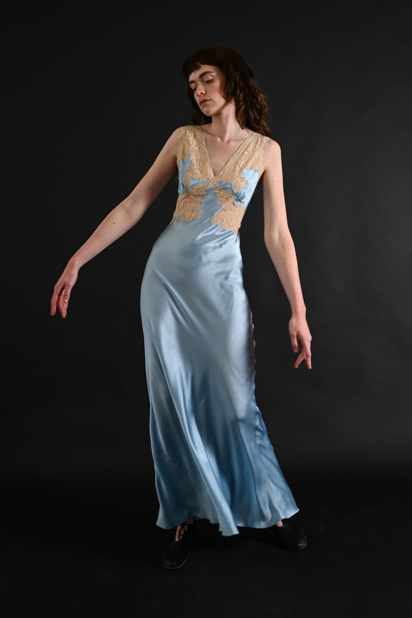 1930s Sky Blue Silk and Lace Gown [xs/sm]