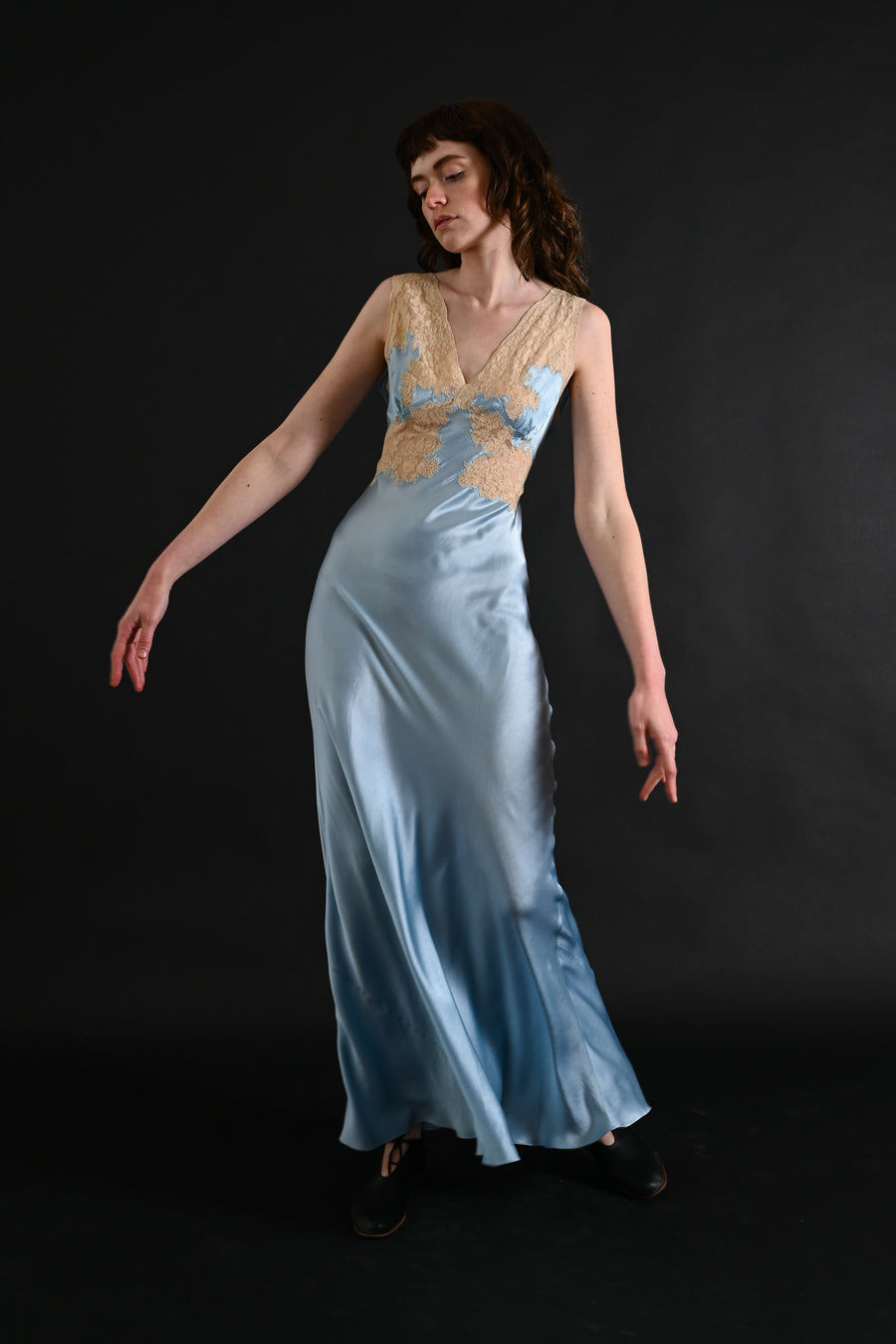 1930s Sky Blue Silk and Lace Gown [xs/sm]