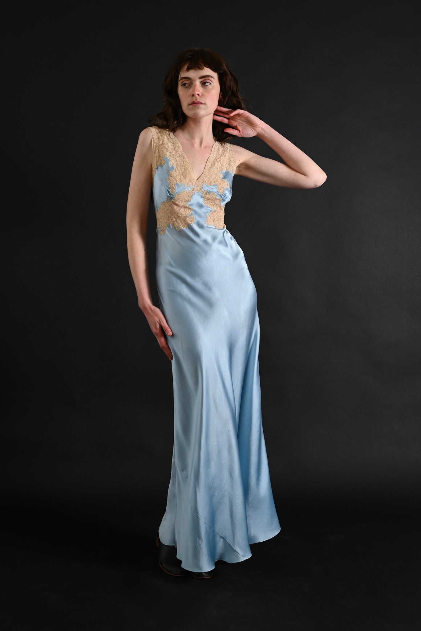 1930s Sky Blue Silk and Lace Gown [xs/sm]
