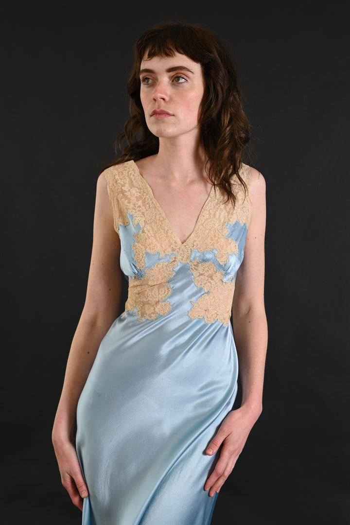1930s Sky Blue Silk and Lace Gown [xs/sm]