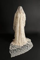 c1890s Handmade Brussels Mixed Lace Rectangular Bridal Veil