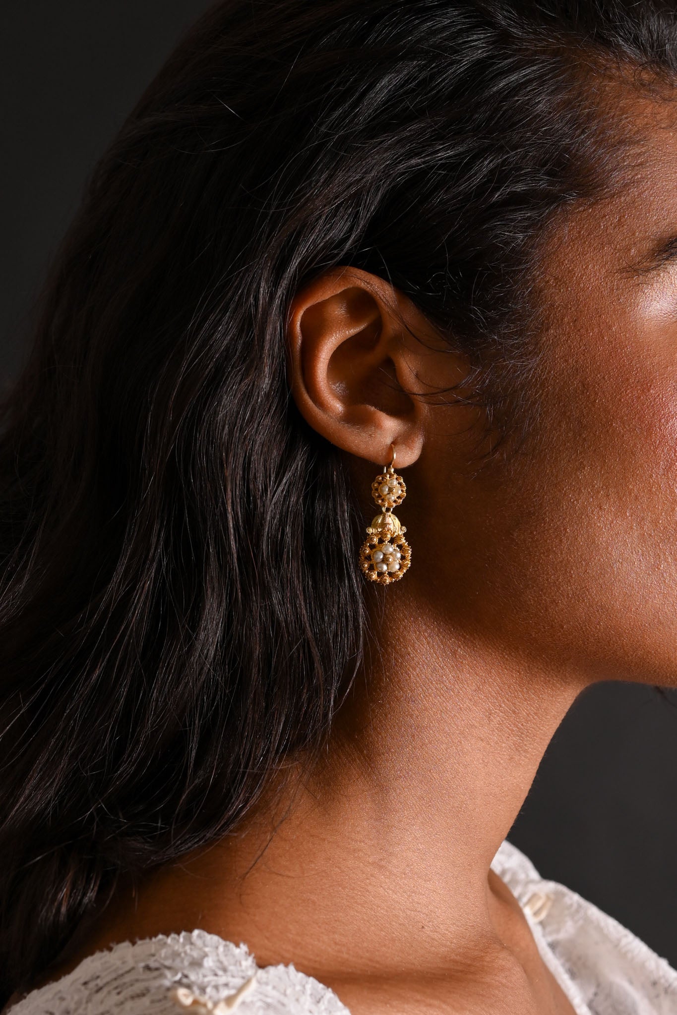 Georgian 18k Pearl French Cannetille Earrings