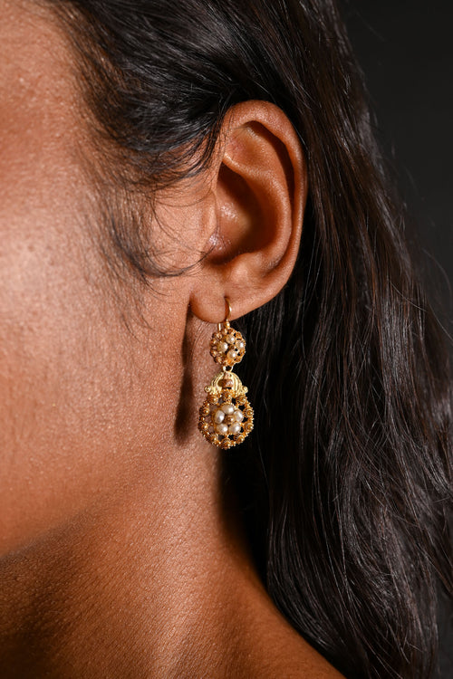 Georgian 18k Pearl French Cannetille Earrings