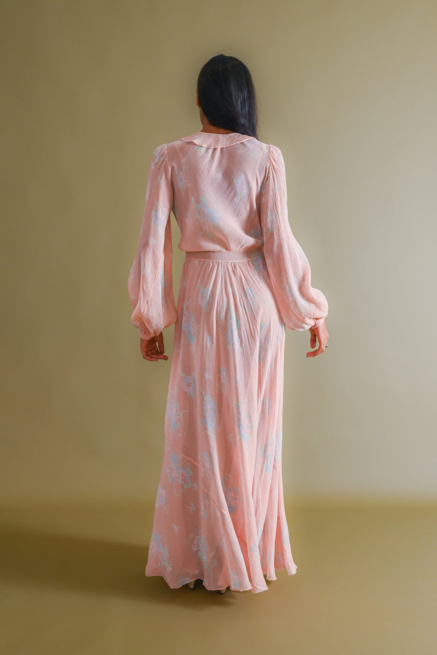 1930s Crinkle Silk Chiffon Balloon Sleeve Gown [xs/sm/med]