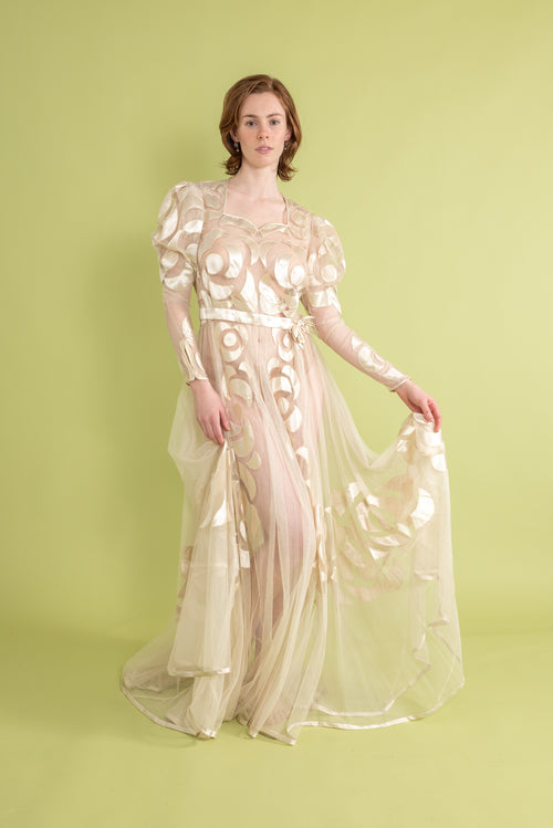 1930s Silk Tulle Satin Appliqué Gown [sm/med]
