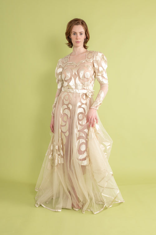 1930s Silk Tulle Satin Appliqué Gown [sm/med]