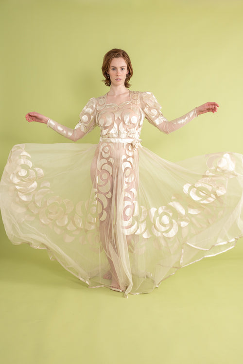 1930s Silk Tulle Satin Appliqué Gown [sm/med]
