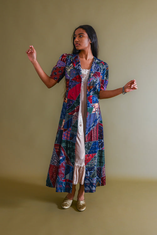 1940s Silk Tie Crazy Quilt Duster [xs/sm/med]