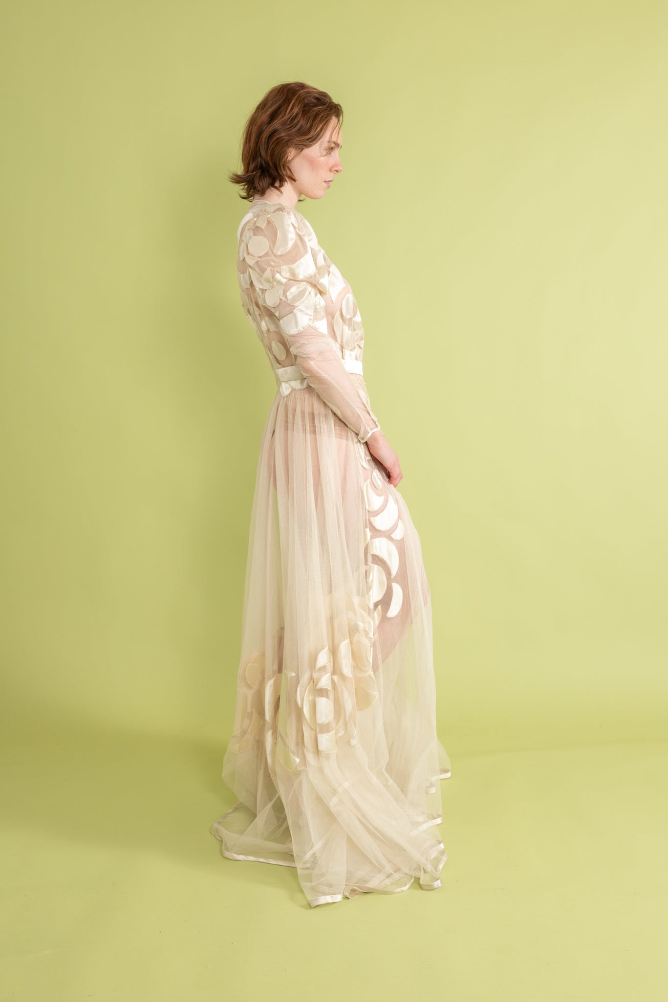 1930s Silk Tulle Satin Appliqué Gown [sm/med]