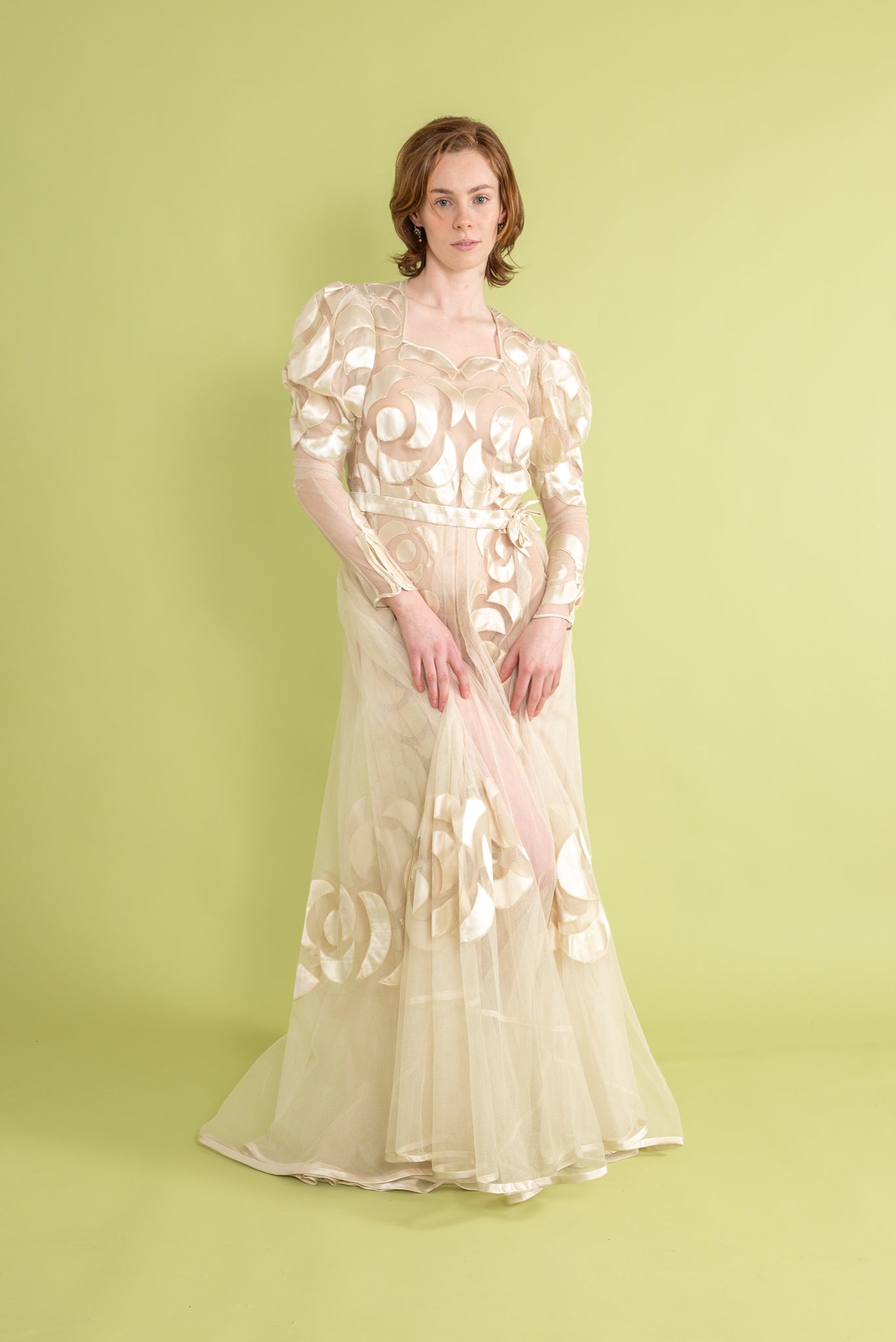 1930s Silk Tulle Satin Appliqué Gown [sm/med]
