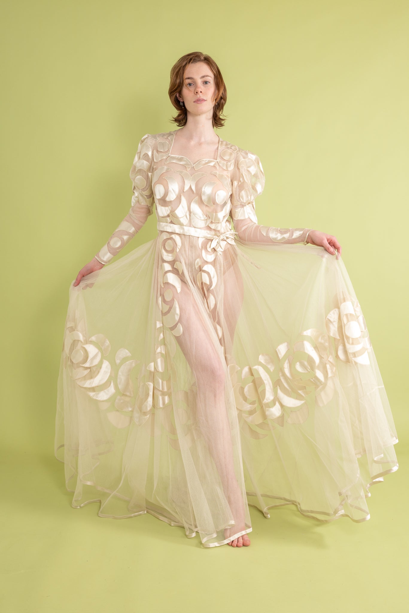 1930s Silk Tulle Satin Appliqué Gown [sm/med]