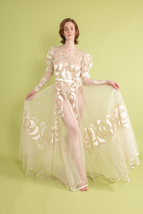 1930s Silk Tulle Satin Appliqué Gown [sm/med]