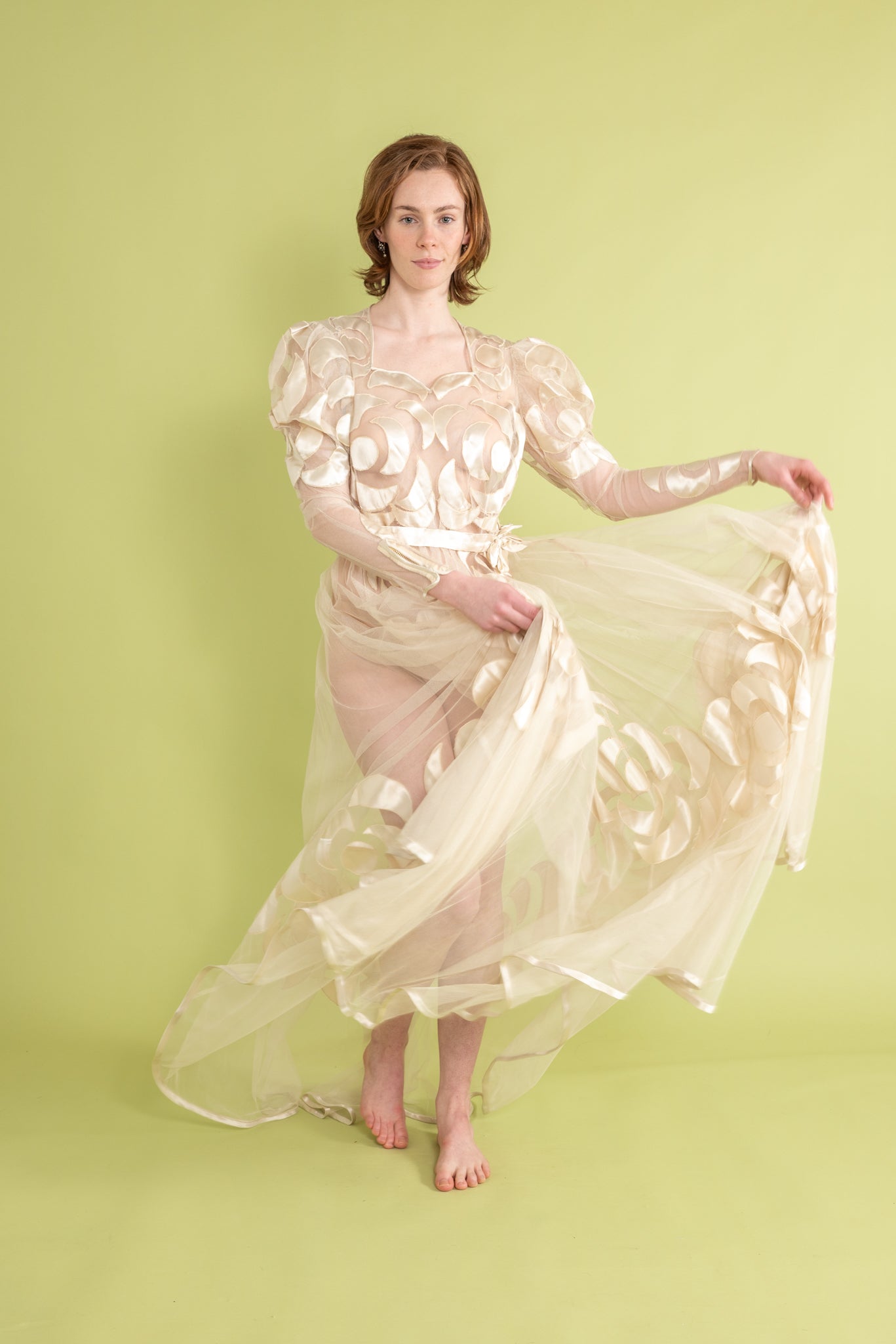 1930s Silk Tulle Satin Appliqué Gown [sm/med]