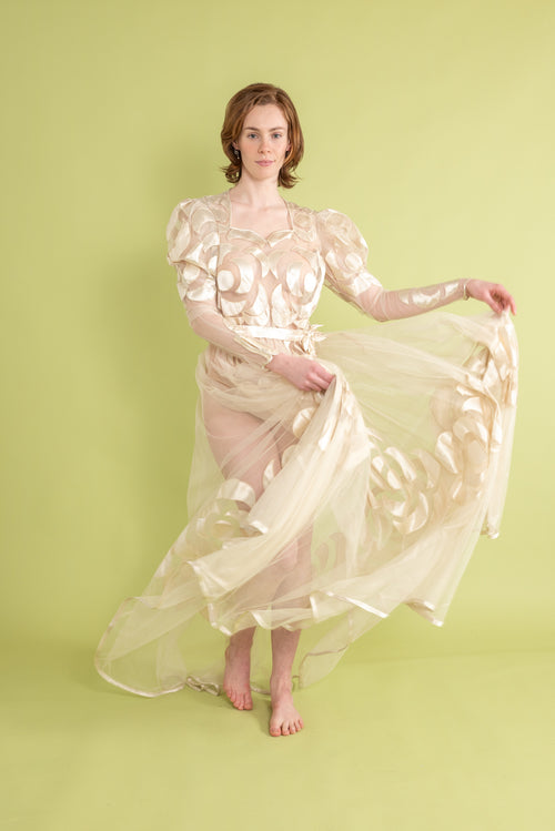 1930s Silk Tulle Satin Appliqué Gown [sm/med]