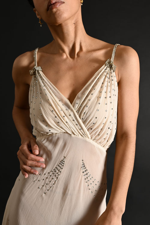 1930s Silk Chiffon Diamanté Meteor Shower Bridal Gown