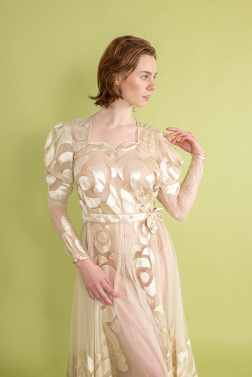 1930s Silk Tulle Satin Appliqué Gown [sm/med]