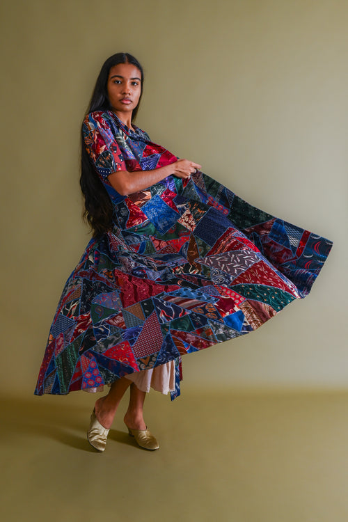 1940s Silk Tie Crazy Quilt Duster [xs/sm/med]
