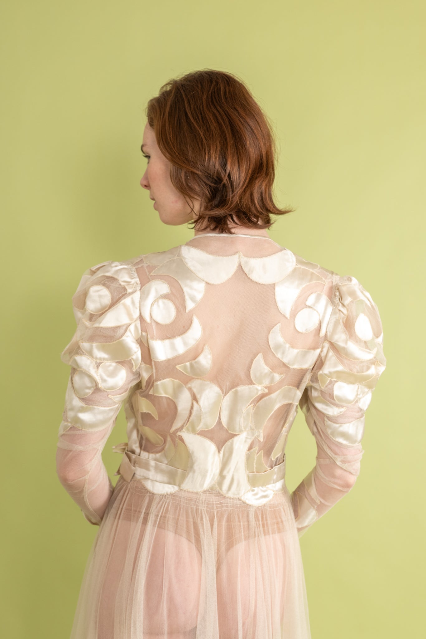 1930s Silk Tulle Satin Appliqué Gown [sm/med]