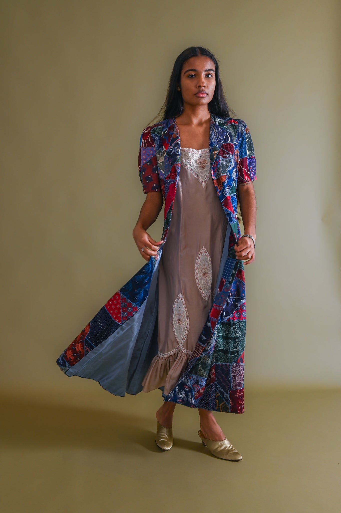 1940s Silk Tie Crazy Quilt Duster [xs/sm/med]