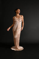 1980s Patricia Lester Mother of Pearl Fortuny Bridal Gown