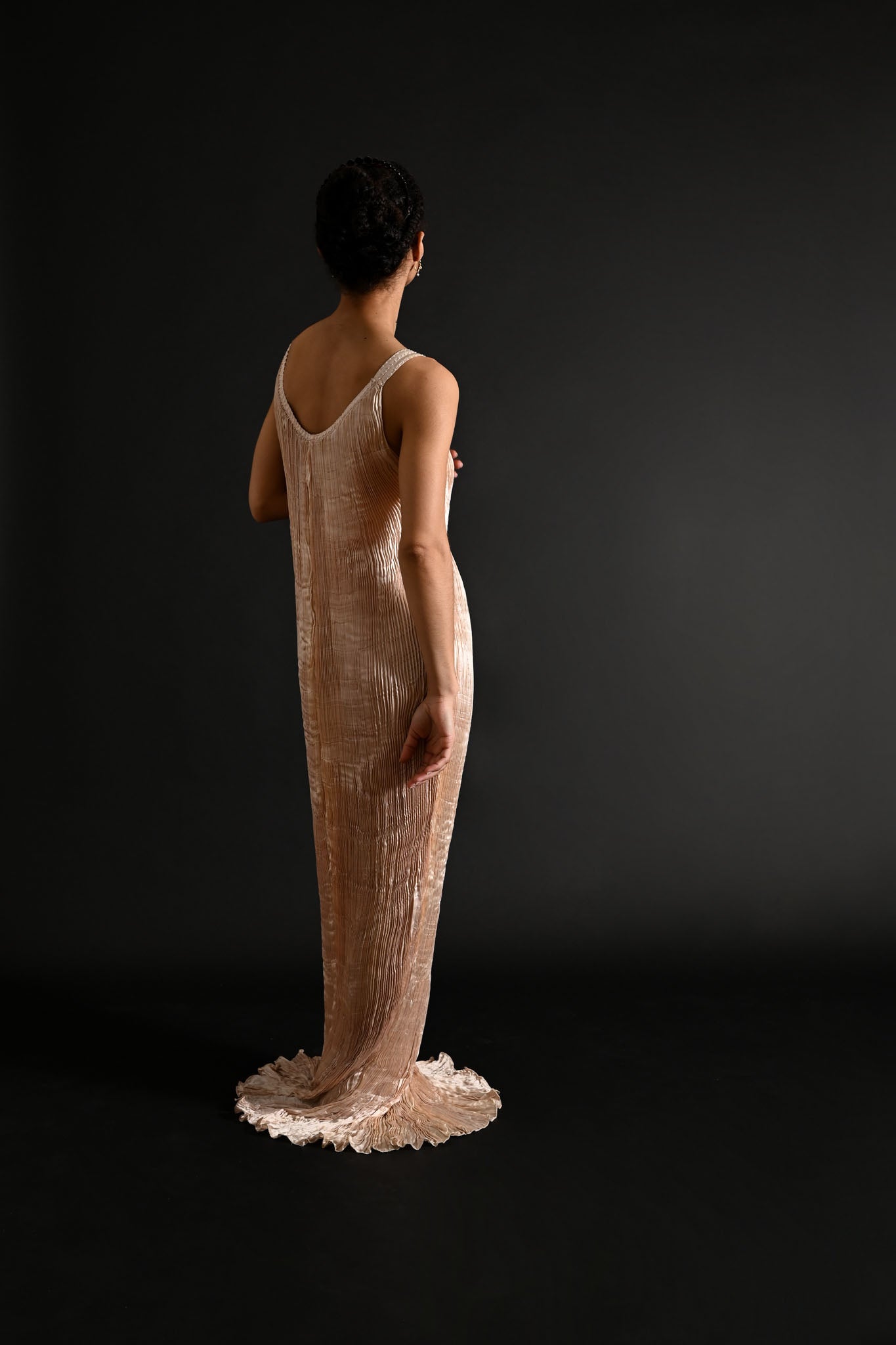 1980s Patricia Lester Mother of Pearl Fortuny Bridal Gown