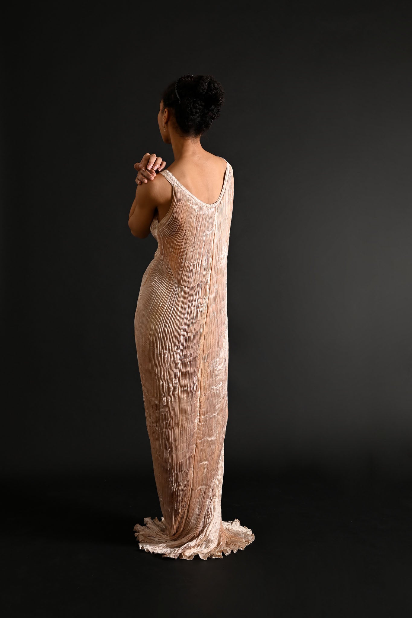 1980s Patricia Lester Mother of Pearl Fortuny Bridal Gown