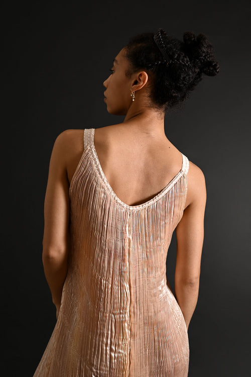 1980s Patricia Lester Mother of Pearl Fortuny Bridal Gown
