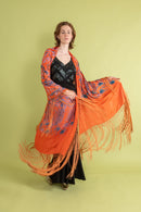 1920s Tangerine Surrealist Silk Fringe Shawl