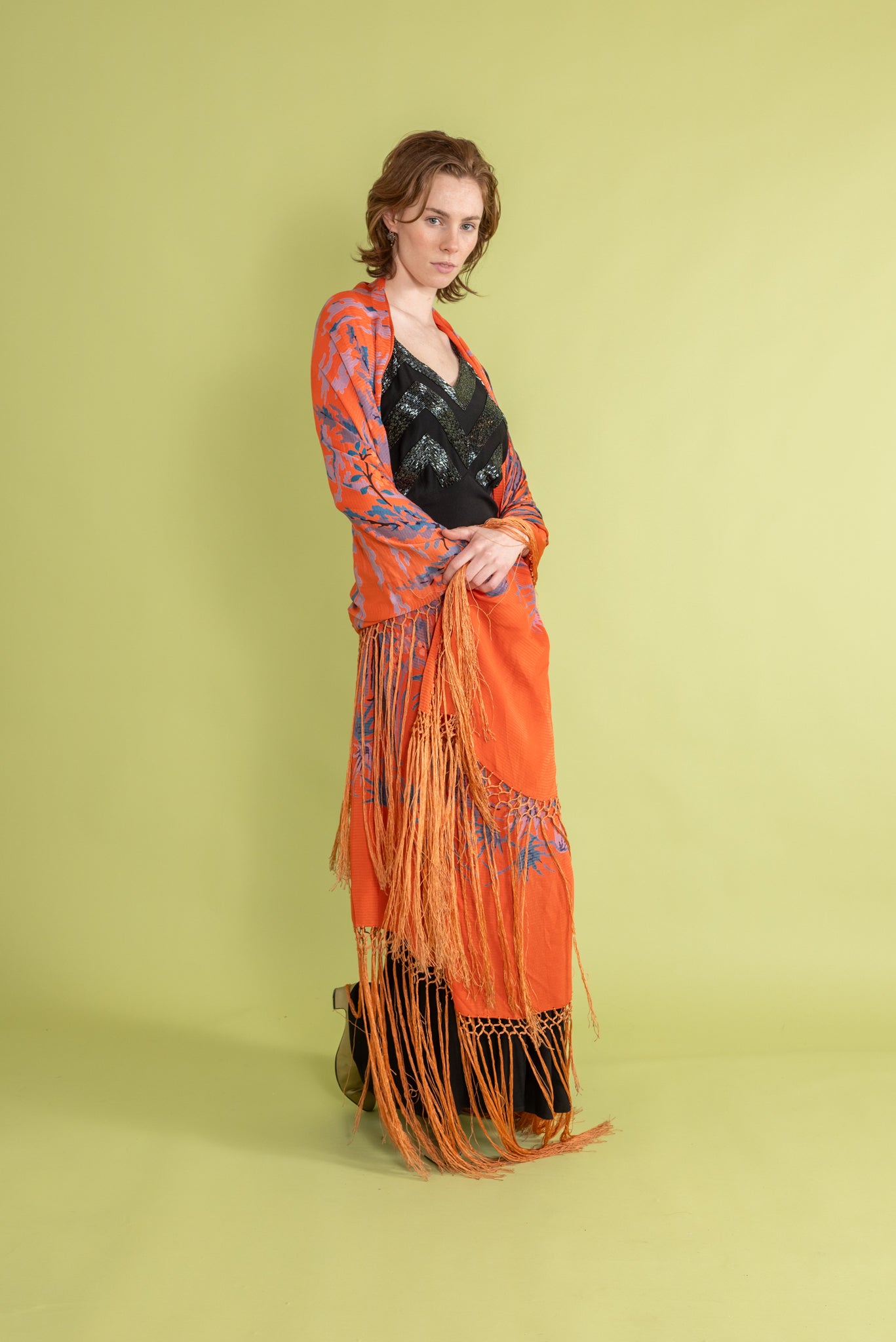 1920s Tangerine Surrealist Silk Fringe Shawl