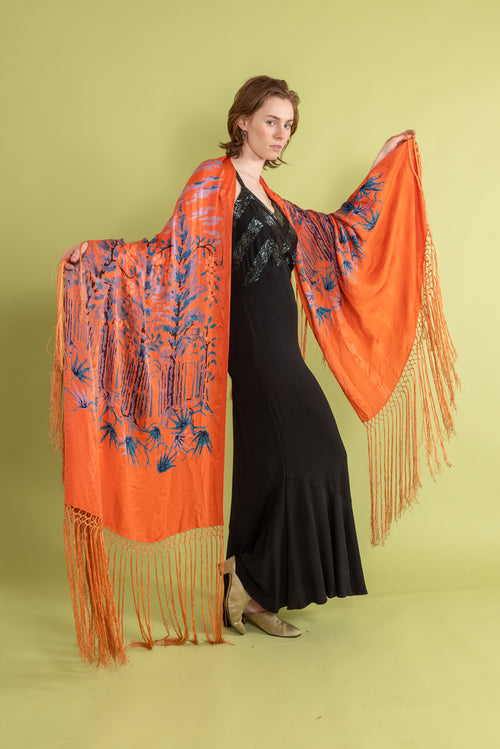 1920s Tangerine Surrealist Silk Fringe Shawl