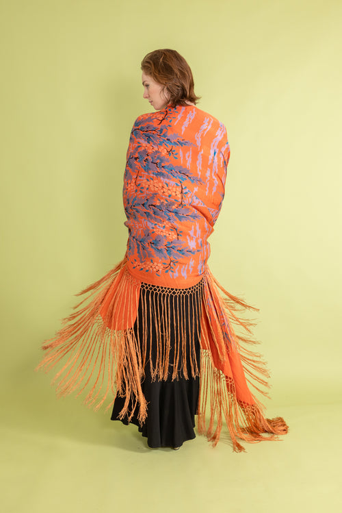 1920s Tangerine Surrealist Silk Fringe Shawl