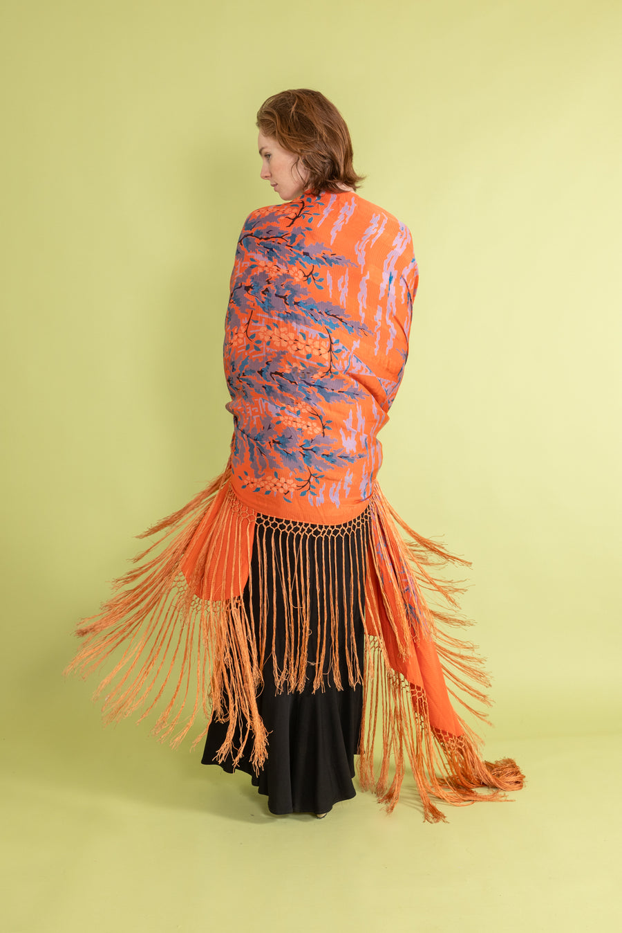 1920s Tangerine Surrealist Silk Fringe Shawl – Demetra Vintage