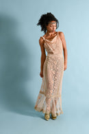 1930s Dusty Pink Mesh Irish Crochet Plunge Gown [xs/sm]