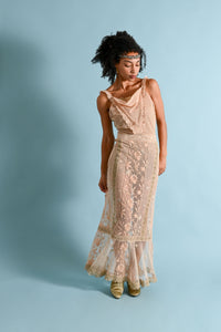 1930s Dusty Pink Mesh Irish Crochet Plunge Gown [xs/sm]